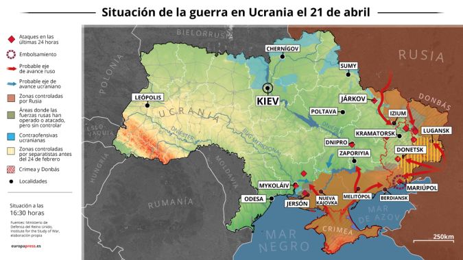 Mapa con la situación de la guerra en Ucrania el 21 de abril de 202