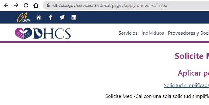 Captura de pantalla del sitio web oficial del Departamento de Servicios de Atención Médica de California. 