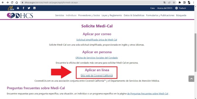 Captura de pantalla del sitio web oficial del Departamento de Servicios de Atención Médica de California.
