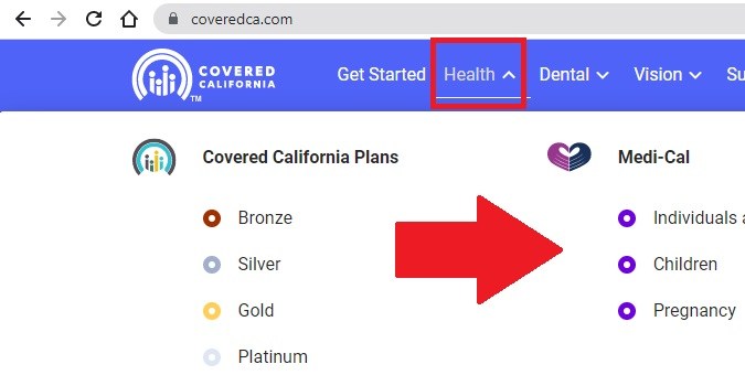 Captura del sitio web de Covered California mostrando una el proceso de solicitud de Medi-Cal.