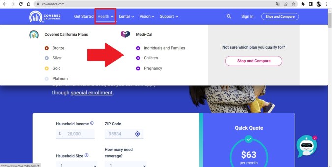 Captura del sitio web de Covered California mostrando una el proceso de solicitud de Medi-Cal.