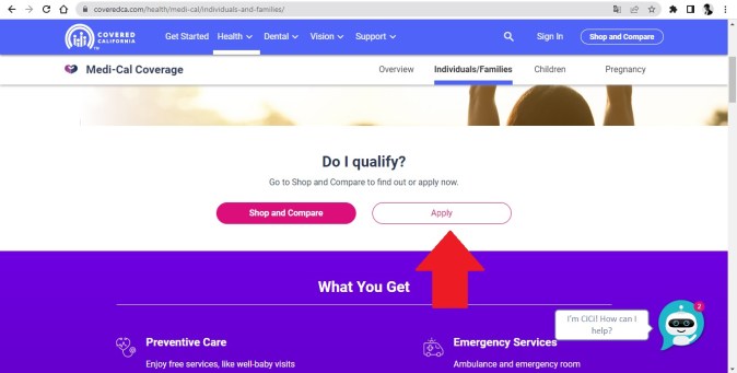 Captura del sitio web de Covered California mostrando una el proceso de solicitud de Medi-Cal.