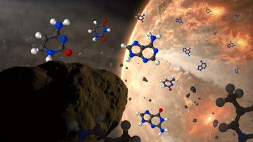 Imagen conceptual de meteoritos entregando nucleobases a la Tierra antigua.