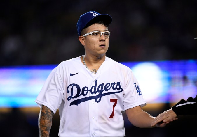 LOS ANGELES, CA - MAY 03: Starting pitcher Julio Urias #7 of the Los Angeles Dodgers reacts after the final out of the sixth inning against the San Francisco Giants at Dodger Stadium on May 3, 2022 in Los Angeles, California. (Photo by Kevork Djansezian/Getty Images)