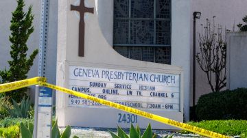 A police yellow tape is seen after a shooting inside Geneva Presbyterian Church in Laguna Woods, California, on May 15, 2022. - One person was dead and four people were "critically" injured in a shooting at a church near Los Angeles, law enforcement said Sunday, just one day after a gunman killed 10 people at a grocery store in New York state. (Photo by RINGO CHIU / AFP) (Photo by RINGO CHIU/AFP via Getty Images)
