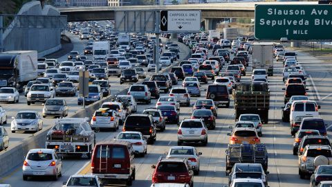 LOS ANGELES, CA - NOVEMBER 23: Traffic comes to a stand still on the northbound and the southbound lanes of the Interstate 405 freeway near Los Angeles International Aiprort on November 23, 2011 in Los Angeles, California. Orbitz named LAX as the nation's busiest airport for 2011 Thanksgiving travel. (Photo by Kevork Djansezian/Getty Images)