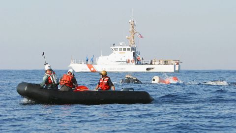 AT SEA - MARCH 23: In this handout from the U.S. Coast Guard, Coast Guard Cutter Kingfisher provides assistance to NOAA Fisheries and Florida Fish and Wildlife Conservation Commission members in the attempts to free an entangled Northern Right Whale 60 miles east of Jacksonville, Florida, on March 23, 2004, at sea. (Photo by the U.S. Coast Guard via Getty Images)