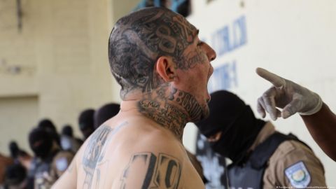 Pandilleros salvadoreños de la "Mara Salvatrucha MS" y de la "Mara Barrio 18" durante un registro realizado por equipos de seguridad en las cárceles de Quezaltepeque.