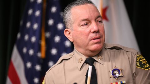 Los Angeles County Sheriff Alex Villanueva speaks at a press conference to address vaccine mandates -- which he calls an ``imminent threat to public safety'' if terminations occur in his department as a result of the mandates, November 2, 2021 at a press conference in downtown Los Angeles. (Photo by Robyn Beck / AFP) (Photo by ROBYN BECK/AFP via Getty Images)