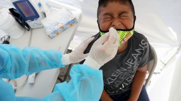 LOS ANGELES, CALIFORNIA - JULY 15: A boy receives a free COVID-19 test at a St. John’s Well Child & Family Center mobile clinic set up outside Walker Temple AME Church in South Los Angeles amid the coronavirus pandemic on July 15, 2020 in Los Angeles, California. A clinic official said most of the residents they are currently testing in their South L.A. clinics are Latinos. According to the California Department of Health, Latinos are currently 2.9 times more likely than white people to test positive for the coronavirus. California reported over 11,000 new coronavirus infections today, the most in the state in a single day since the pandemic began. (Photo by Mario Tama/Getty Images)