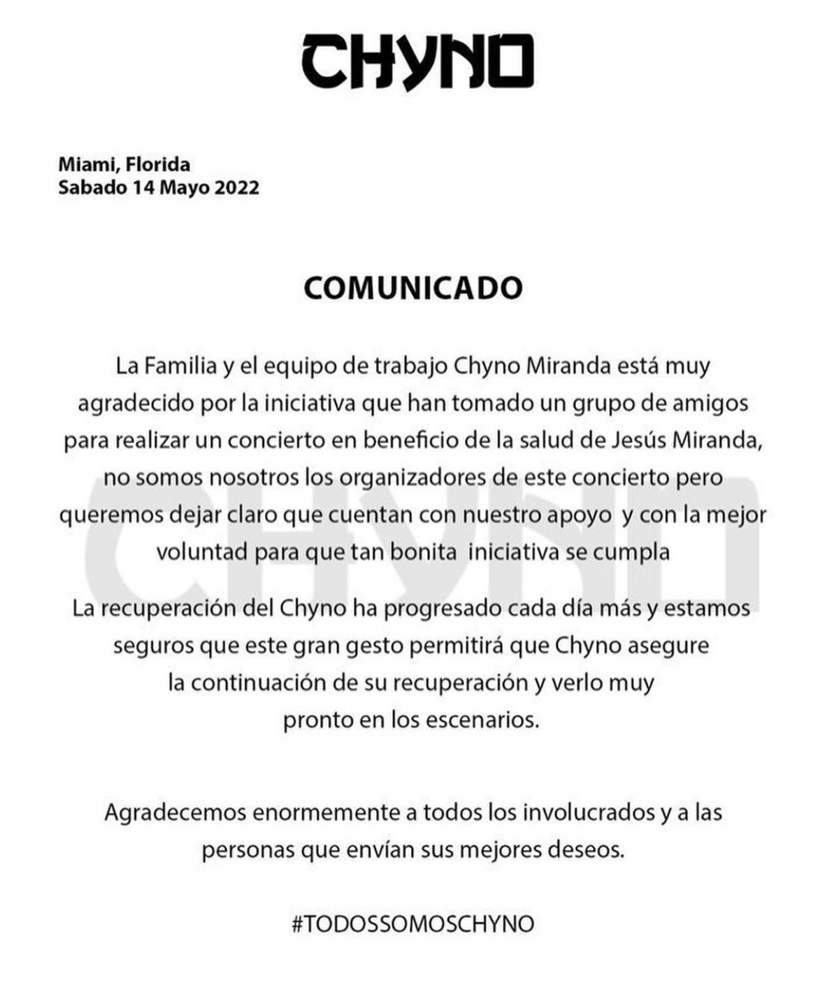 The family supports the benefit concert for Chyno Miranda
