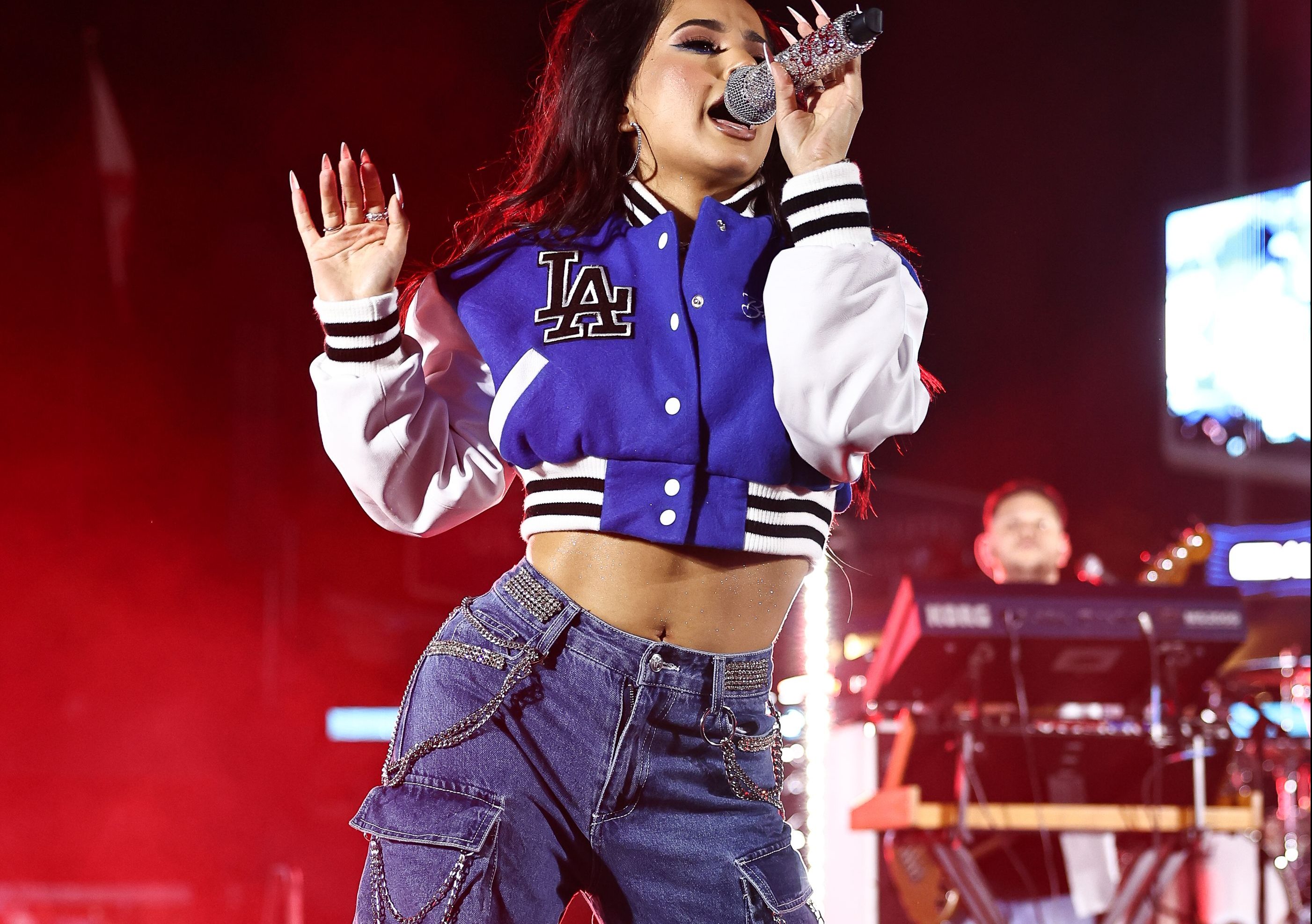 Becky G attends The Los Angeles Dodgers Game at Dodger Stadium on