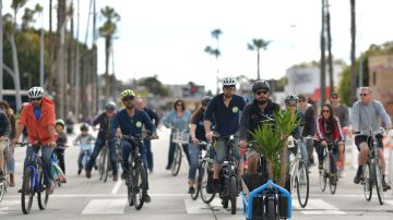 People ride bicycles in car-free streets during a CicLAvia event in Culver City on March 3, 2019. - CicLAvia is a non-profit organization that hosts events where people can bike, walk, skate and stroll on car-free streets. (Photo by Chris Delmas / AFP) (Photo credit should read CHRIS DELMAS/AFP via Getty Images)