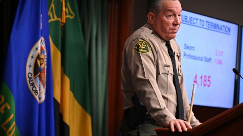 Los Angeles County Sheriff Alex Villanueva speaks at a press conference to address vaccine mandates -- which he calls an ``imminent threat to public safety'' if terminations occur in his department as a result of the mandates, November 2, 2021 at a press conference in downtown Los Angeles. (Photo by Robyn Beck / AFP) (Photo by ROBYN BECK/AFP via Getty Images)