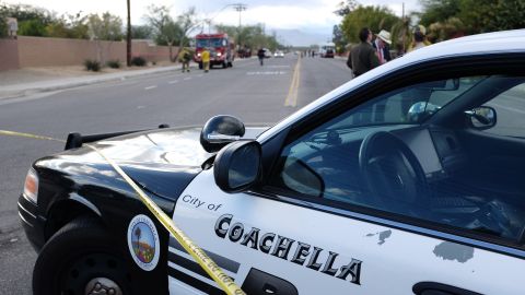 A police car is parked near the Islamic Society of Palm Springs in Coachella, California on December 11, 2015, after the area was sealed off when a fire broke out at the mosque. Authorities in California have launched a probe after a fire broke out at a mosque in California, officials said. A spokeswoman for the Riverside County Fire Department told AFP that firefighters had rushed to the Islamic Society of Palm Springs shortly after smoke and flames were seen coming out of the building at around noon. AFP PHOTO/ GUILLAUME MEYER / AFP / Guillaume Meyer (Photo credit should read GUILLAUME MEYER/AFP via Getty Images)