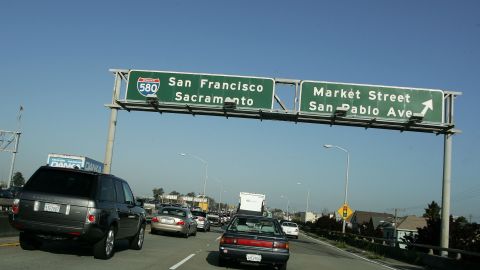 EMERYVILLE, CA - APRIL 30: Traffic is seen backed up on westbound Interstate 80 approaching a closed section of Interstate 580 April 30, 2007 in Emeryville, California. The closure comes after a gasoline-laden tanker truck yesterday overturned on a freeway transition road sending flames 200 feet into the air, weakening the steel supporting a connector road above. About 250 feet of the connector road collapsed under the stress. The driver walked away from the accident. (Photo by Justin Sullivan/Getty Images)