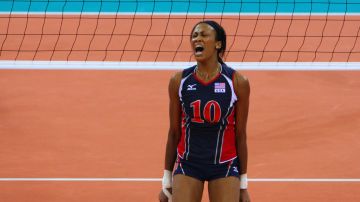 Kimberly Glass of the US reacts during their game against Cuba in the women's volleyball semifinal in the 2008 Beijing Olympic Games in Beijing on August 21, 2008. AFP PHOTO / ALEXANDER JOE (Photo credit should read ALEXANDER JOE/AFP via Getty Images)