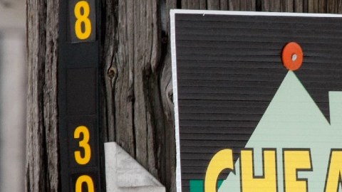 Un letrero fijado al tronco de un árbol, en color amarillo, verde y negro, indica que se venden casas "baratas".