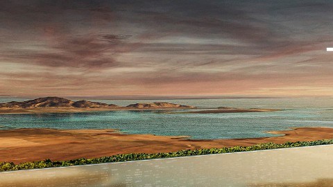 Render del proyecto urbanístico The Line, que muestra una construcción vertical y el mar de fondo.