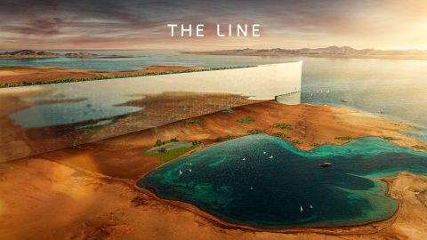 Render del proyecto urbanístico The Line, que muestra una construcción vertical y el mar de fondo.