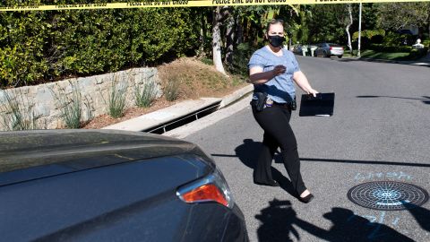 A Yellow Police tape blocks access to the 1100 block of Maytor place where Jacqueline Avant's house is at the top of the hill, in Beverly Hills , California on December 1, 2021. - The wife of the man known as the "Godfather of Black Music" was shot and killed Wednesday in a break-in at the couple's Beverly Hills home, US media reported. Jacqueline Avant died after being shot by a burglar, who also opened fire on a security guard, according to tabloid website TMZ. (Photo by VALERIE MACON / AFP) (Photo by VALERIE MACON/AFP via Getty Images)