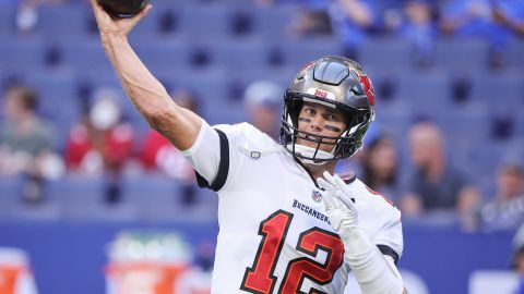 INDIANAPOLIS, IN - AUGUST 27: Tom Brady #12 of Tampa Bay Buccaneers warms up before the game against the Indianapolis Colts at Lucas Oil Stadium on August 27, 2022 in Indianapolis, Indiana. (Photo by Michael Hickey/Getty Images)