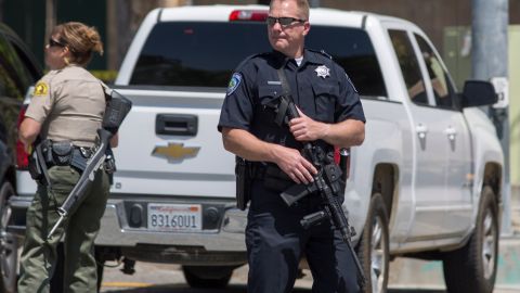 SAN BERNARDINO, CA - APRIL 10: Police offers stand guard at North Park Elementary School following a shooting on campus on April 10, 2017 in San Bernardino, California. Two people died, including the suspected shooter, and two children were wounded in the apparent murder-suicide attack. (Photo by David McNew/Getty Images)