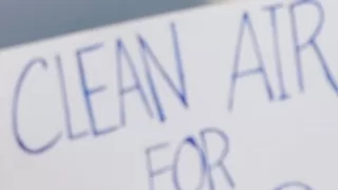 "Aire limpio para los niños", se lee en la pancarta de una manifestante a favor de la ley aprobada este viernes