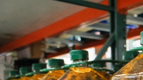 Envases de aceite de oliva de la marca Kirkland colocados en un estante en una tienda Costco.
