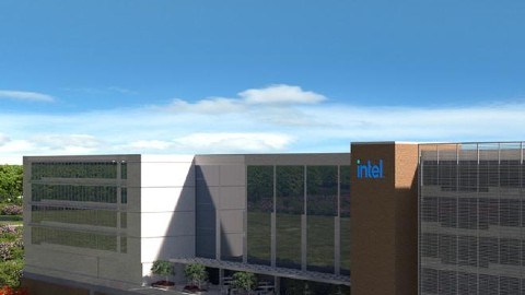 Imagen de un render de la fábrica que Intel construye en Ohio, en el que se ven edificios, estacionamientos y varios autos.