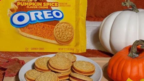 Imagen de un plato con varias galletas, un empaque de galletas Oreo de color amarillo y dos calabazas.