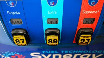 Imagen de los marcadores de precio de los diferentes tipos de gasolina en una bomba.