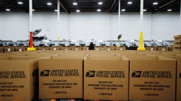 Cajas de Servicio Postal de los Estados Unidos USPS en una línea de empacado.