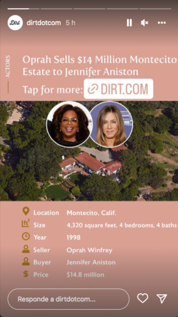 Oprah Winfrey le vendió su casa de Montecito a Jennifer Aniston (Dirt)