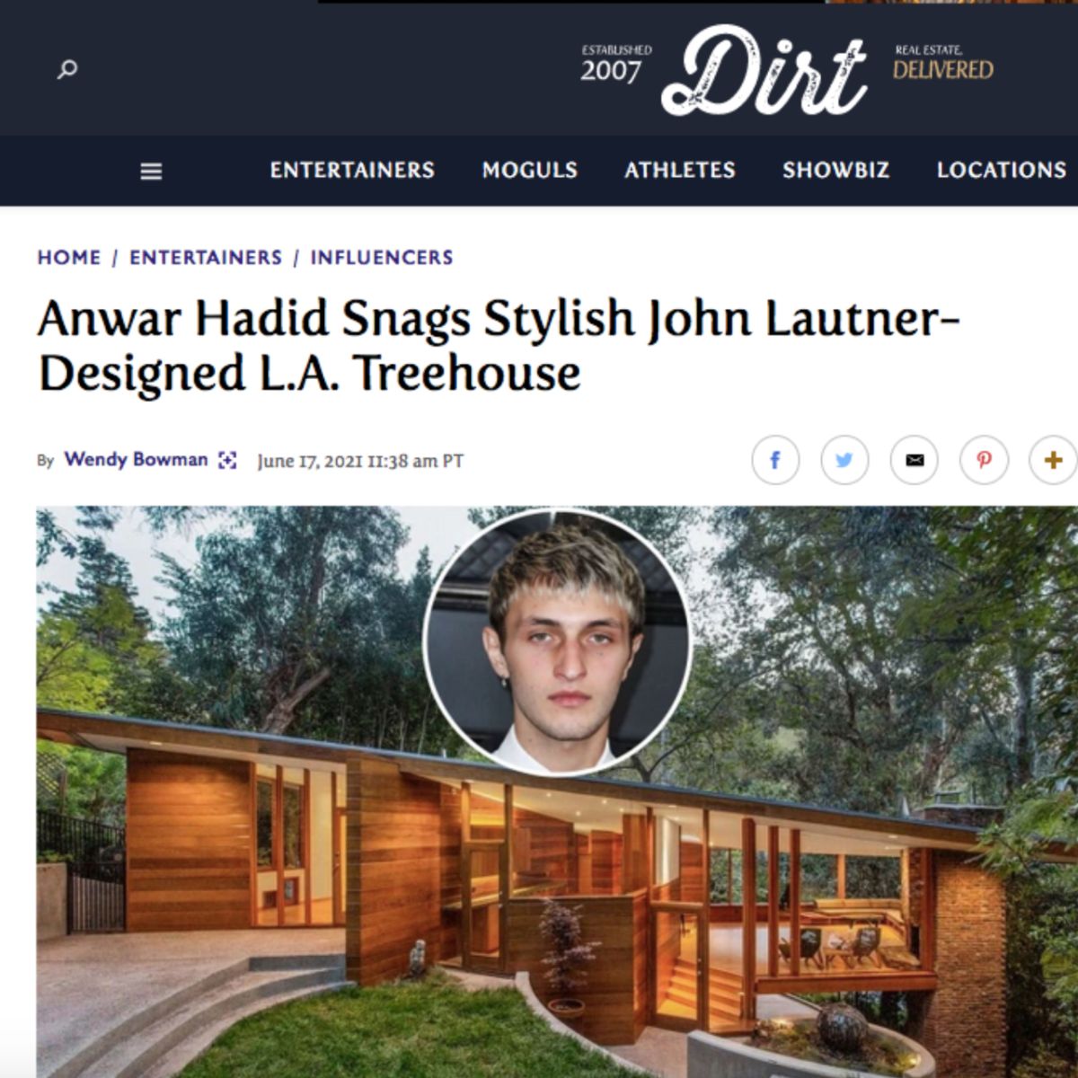 Anwar Hadid, hijo de Mohamed Hadid, posee una linda casa que parece de árbol (Dirt)