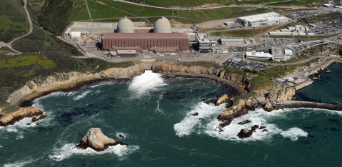 Aerial view of the Diablo Canyon Nuclear Power Plant which sits on the edge of the Pacific Ocean at Avila Beach in San Luis Obispo County, California on March 17, 2011. Some of America's nuclear power plants loom near big city populations, or perch perilously close to earthquake fault lines. Others have aged past their expiration dates but keep churning anyway. President Barack Obama has demanded that the 104 nuclear reactors at 65 sites get a second look as scientists warn that current regulatory standards don't protect the US public from the kind of atomic fallout facing quake-hit Japan. AFP PHOTO/Mark RALSTON (Photo credit should read MARK RALSTON/AFP via Getty Images)