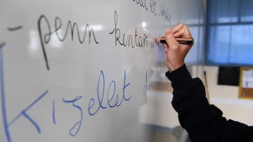 A pupil writes words in Breton on a whiteboard during a Breton teaching lesson at a Diwan bilingual school in Le Relecq-Kerhuon, western France on June 17, 2021. - Diwan schools are a federation of Breton-medium schools allowing children to learn French and Breton through language immersion. (Photo by Fred TANNEAU / AFP) (Photo by FRED TANNEAU/AFP via Getty Images)