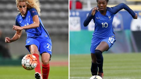 (COMBO/FILES) This combination of file photographs created on November 10, 2021, shows (L) France's midfielder Kheira Hamraoui as she kicks the ball during the women's Euro 2017 qualifying football match between France and Albania at The Charlety Stadium in Paris on September 20, 2016 and (R) France's midfielder Aminata Diallo as she runs with the ball during a 'SheBelieves Cup' football match between France and England at The Mapfre Stadium in Columbus, Ohio on March 1, 2018. - Paris Saint-Germain women's footballer Aminata Diallo was detained by police on November 10, 2021, in connection with a vicious street assault on a teammate and fellow French national player last week, her club said. (Photo by Franck FIFE and Paul VERNON / AFP) (Photo by FRANCK FIFE,PAUL VERNON/AFP via Getty Images)