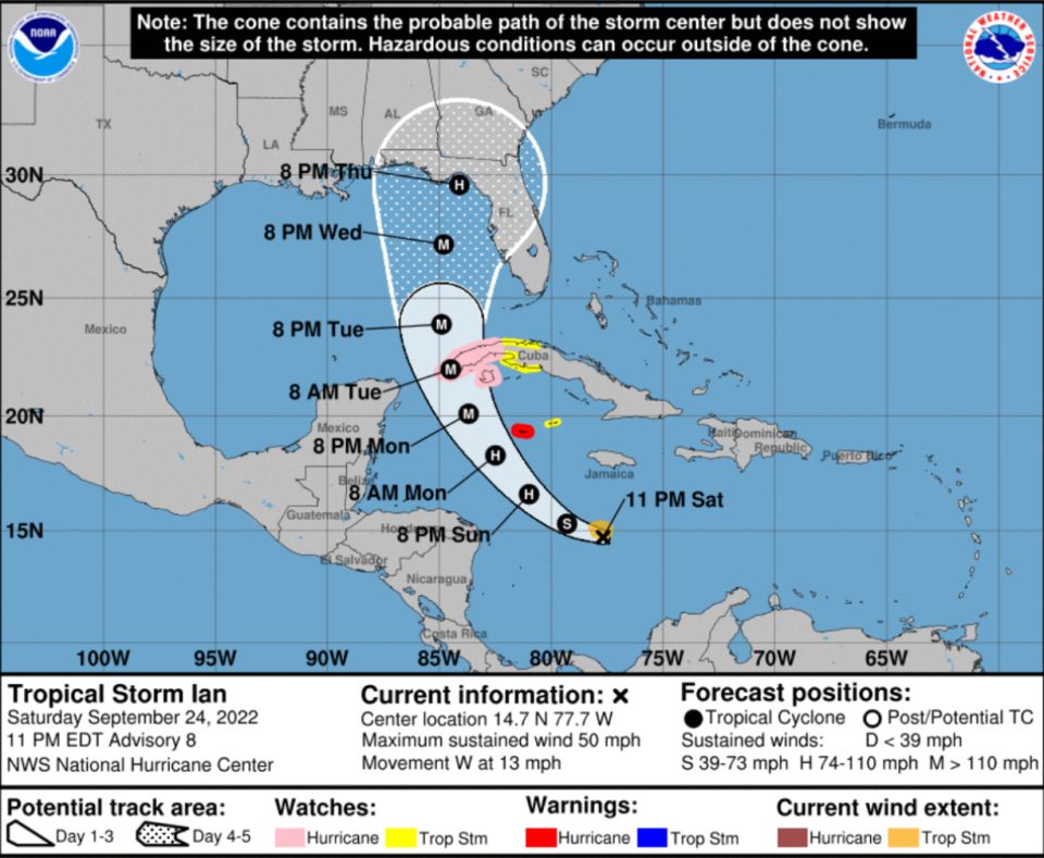 Tropical Storm Ian will reach Category 4 hurricane strength before reaching Florida, forecasts say