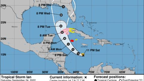 El gráfico muestra la posible trayectoria de la tormenta tropical Ian en los próximos 5 días.