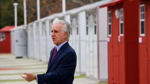 Los Angeles City Councilman Paul Krekorian speaks at the opening of Pallet shelters at the Chandler Street Tiny Home Village on February 1, 2021 in the North Hollywood neighborhood of Los Angeles, California. - The community of 39 homes built to house 75 people is designed to offer services from the city and Hope of the Valley Rescue Mission to homeless people including meals, showers, laundry, counseling, mental health resources, and job training, as Los Angeles attempts to solve the homelessness crisis amidst the Covid-19 pandemic. (Photo by Patrick T. FALLON / AFP) (Photo by PATRICK T. FALLON/AFP via Getty Images)