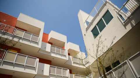 View of the apartment units at the RISE Apartments, an affordable apartment community for homeless veterans and other people experiencing homelessness on May 12, 2021 in Los Angeles. - The $32 million project features 56 studio units for residents along with supportive services. California's Governor Gavin Newsom recently announced a $12 billion plan to help find solutions to the homeless crisis in the state. (Photo by Patrick T. FALLON / AFP) (Photo by PATRICK T. FALLON/AFP via Getty Images)