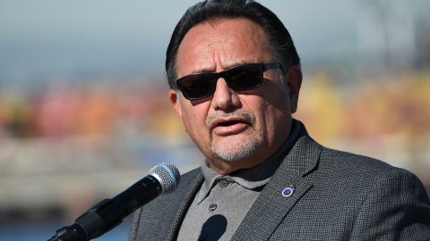 Ron Herrera, director of the Ports Division for the International Brotherhood of Teamsters (IBT), speaks after a tour of the Ports of Los Angeles and Long Beach during a press conference at the Port of Long Beach on January 11, 2022 in Long Beach, California. (Photo by Patrick T. FALLON / AFP) (Photo by PATRICK T. FALLON/AFP via Getty Images)