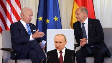 El presidente Joe Biden, el canciller alemán, Olaf Scholz, y el presidente ruso Vladimir Putin.