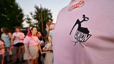 T-shirts calling for unionization are worn at a rally in support of strippers from the Star Garden Topless Dive Bar on August 19, 2022 in North Hollywood. - A petition was recently filed by the bar's strippers for a union recognition election with the National Labour Relations Board and if the dancers win their election with results certified by the NLRB, they will become the only strippers in the United States represented by a union, affiliated with the Actor's Equity Association which represents more than 51,000 professional actors and stage managers employed in live theater. (Photo by Frederic J. BROWN / AFP) (Photo by FREDERIC J. BROWN/AFP via Getty Images)