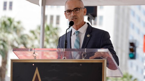 HOLLYWOOD, CALIFORNIA - MAY 10: Los Angeles City Councilmember Mitch O'Farrell (speaks onstage during the Hollywood Walk of Fame Star Ceremony for James Hong on May 10, 2022 in Hollywood, California. (Photo by Kevin Winter/Getty Images)