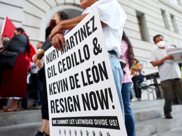 LOS ANGELES, CALIFORNIA - OCTOBER 12: Protestors demonstrate outside City Hall calling for the resignations of L.A. City Council members Kevin de Leon and Gil Cedillo in the wake of a leaked audio recording on October 12, 2022 in Los Angeles, California. L.A. City Council President Nury Martinez resigned today in the aftermath of the release of the profanity-laced recording which revealed racist comments amid a discussion of city redistricting. (Photo by Mario Tama/Getty Images)