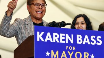 PLAYA VISTA, CALIFORNIA - OCTOBER 27: Los Angeles Democratic mayoral candidate, U.S. Rep. Karen Bass (D-CA) speaks at a campaign rally attended by U.S. Sen. Bernie Sanders (I-VT) on October 27, 2022 in Playa Vista, California. Bass is in a tight runoff race with Democratic mayoral candidate Rick Caruso, a billionaire real estate developer who was registered as a Republican in 2019. (Photo by Mario Tama/Getty Images)