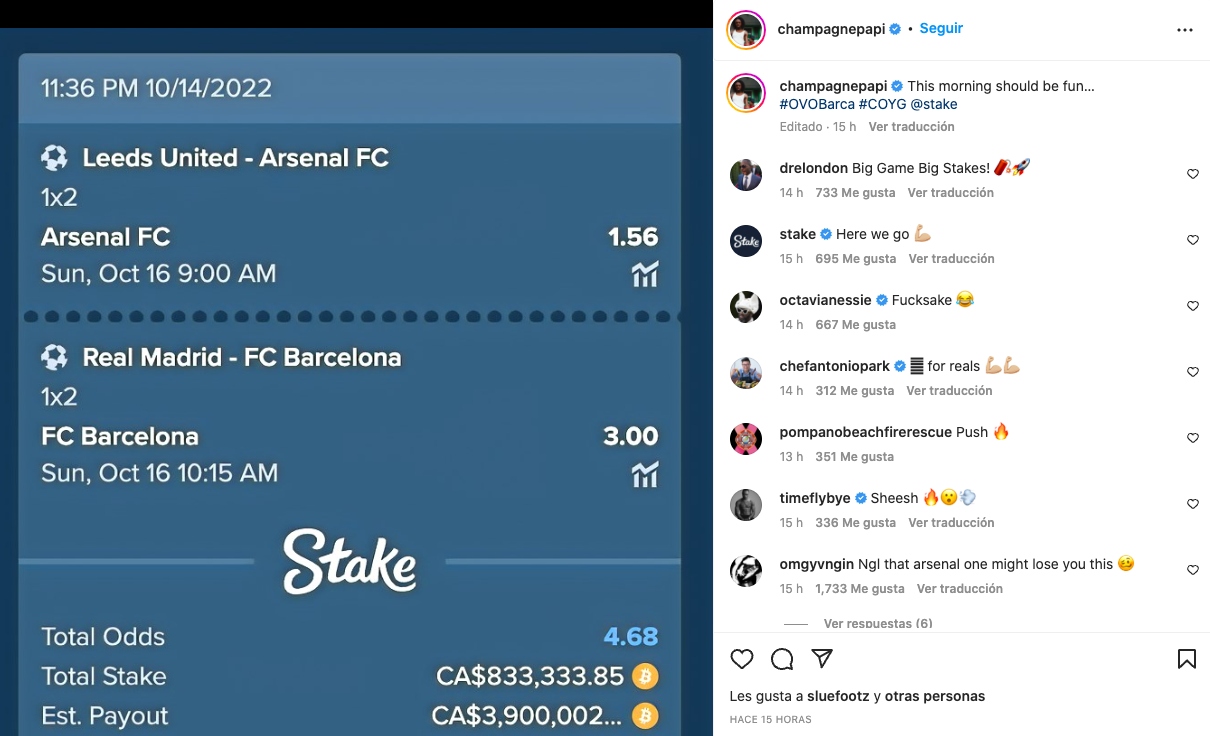 Through his Instagram account, Drake shared that he opted for FC Barcelona and Arsenal in their matches against Real Madrid and Leeds