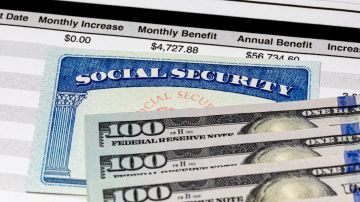 Imagen de una pantalla de computadora con una tabla y cantidades, y de un cheque de seguro social y tres billetes de $100 dólares.